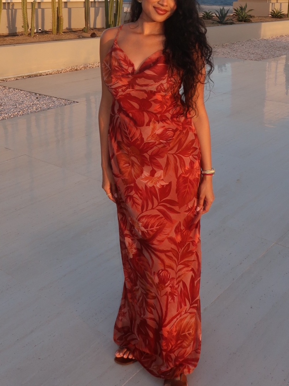Red Floral Slip Maxi Dress - Lightweight Women's Evening Dress